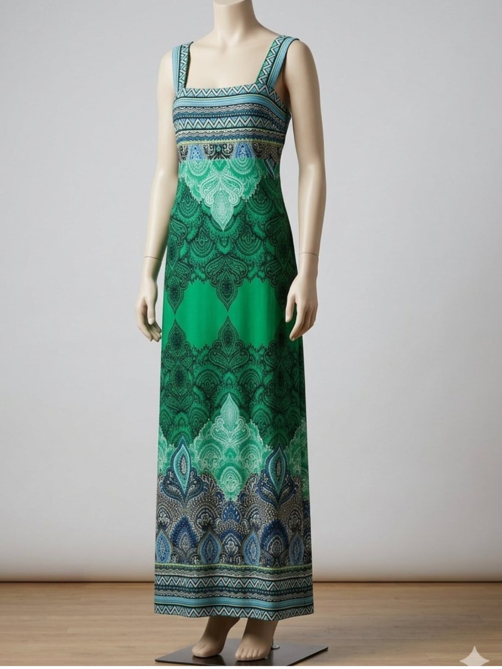 NWT Green Printed Maxi Dress with Patterned Bodice